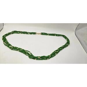 Multi-Strand Green Gold Glass Seed Bead Necklace Layered Boho Statement